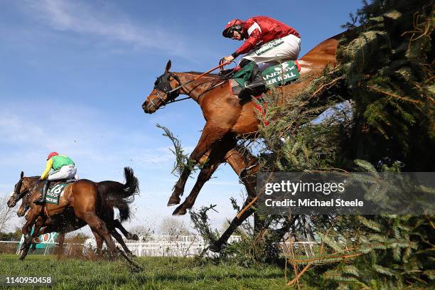 Davy Russell riding Tiger Roll clears Canal Turn on his way to winning the 2019 Randox Health Grand National at Aintree Racecourse on April 06, 2019...