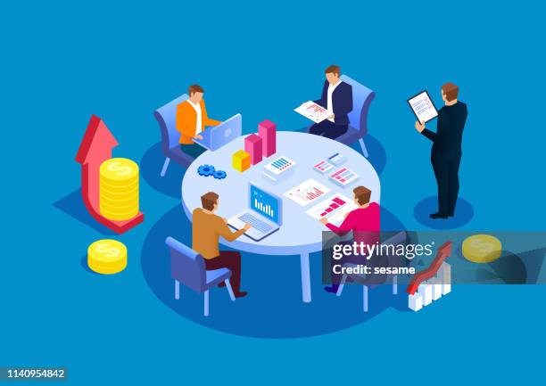 business team-meetings und finanzstatistiken - round table discussion stock-grafiken, -clipart, -cartoons und -symbole