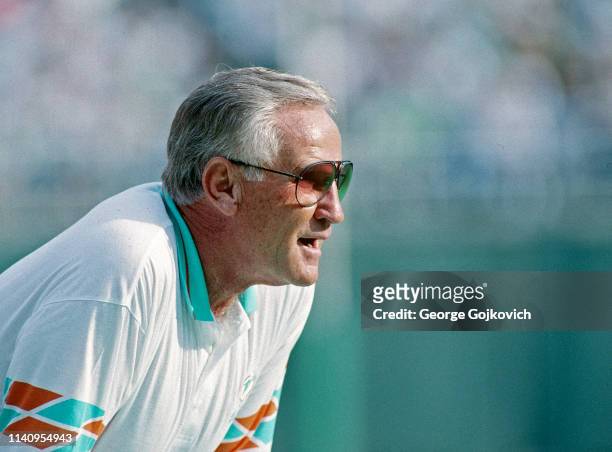 Head coach Don Shula of the Miami Dolphins looks on from the sideline during a game against the Philadelphia Eagles at Veterans Stadium on November...