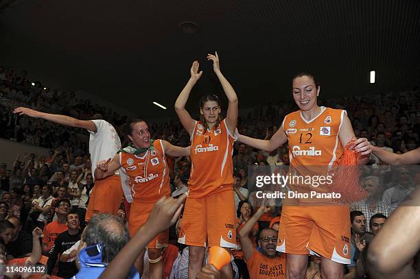 Players of Famila Schio celebrate victory after game 5 of the Lega Basket Femminile Serie A1 final between Famila Schio and Cras Taranto at Pala...