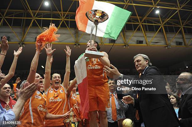 Players of Famila Schio celebrate victory after game 5 of the Lega Basket Femminile Serie A1 final between Famila Schio and Cras Taranto at Pala...