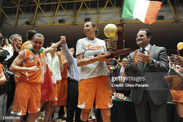 Players of Famila Schio celebrate victory after game 5 of the Lega Basket Femminile Serie A1 final between Famila Schio and Cras Taranto at Pala...