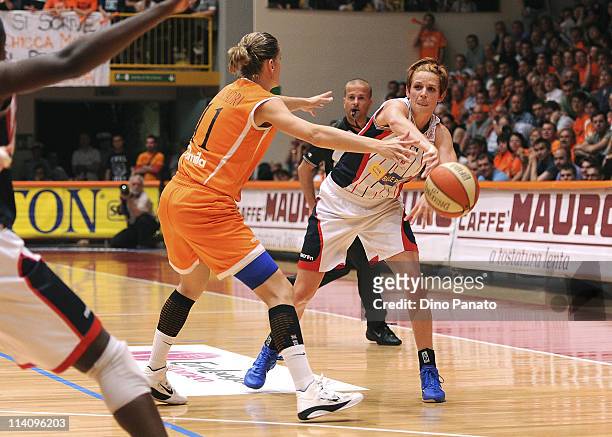 Raffaela Masciadri of Famila Schio competes with Megan Marie Mahoney of Cras Taranto during game 5 of the Lega Basket Femminile Serie A1 final...