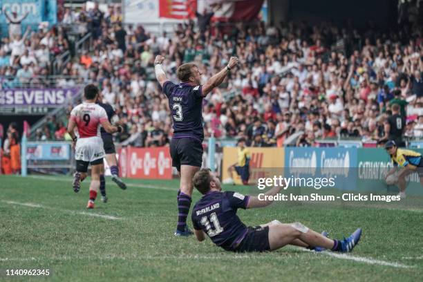 Tom Brown and Max McFarland of Scotland celebrates with fans after the Scotland v Japan Challenge Trophy Final on day three of the Cathay...