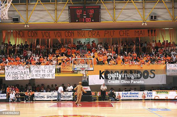 Fans of Famila Schio cheer during game 5 of the Lega Basket Femminile Serie A1 final between Famila Schio and Cras Taranto at Pala Campagnola on May...