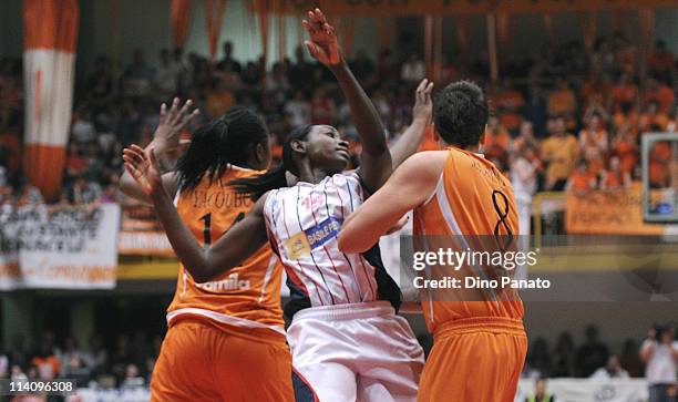 Janel McCarville of Famila Schio competes with Sophia Young of Cras Taranto during game 5 of the Lega Basket Femminile Serie A1 final between Famila...