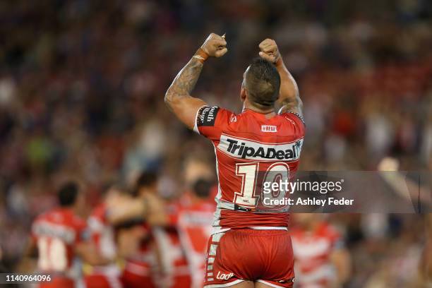 Paul Vaughan of the St George Illawarra Dragons celebrates the win during the round four NRL match between the Newcastle Knights and the St George...