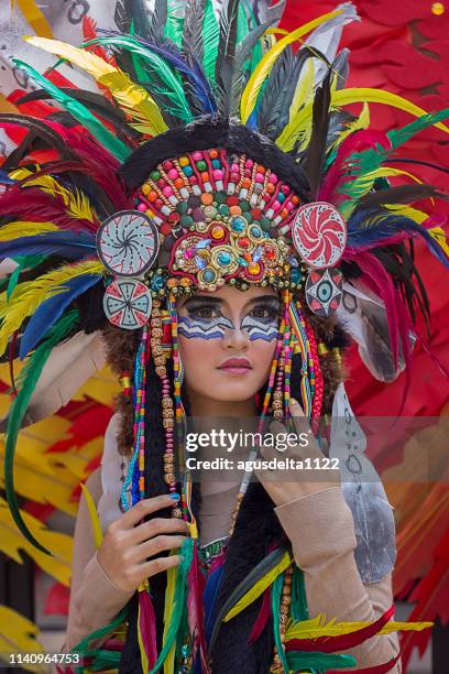 portrait of a woman wearing a native indian tribal costume - 包頭巾 個照片及圖片檔