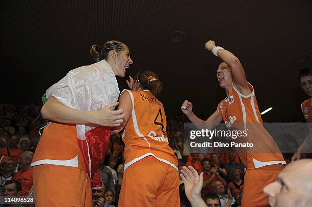 Players of Famila Schio celebrate victory after game 5 of the Lega Basket Femminile Serie A1 final between Famila Schio and Cras Taranto at Pala...