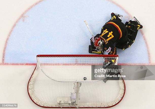 Dennis Endras goalkeeper looks dejected during the IIHF World Championship quarter final match between Sweden and Germany at Orange Arena on May 11,...