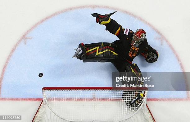 Dennis Endras goalkeeper makes a save during the IIHF World Championship quarter final match between Sweden and Germany at Orange Arena on May 11,...