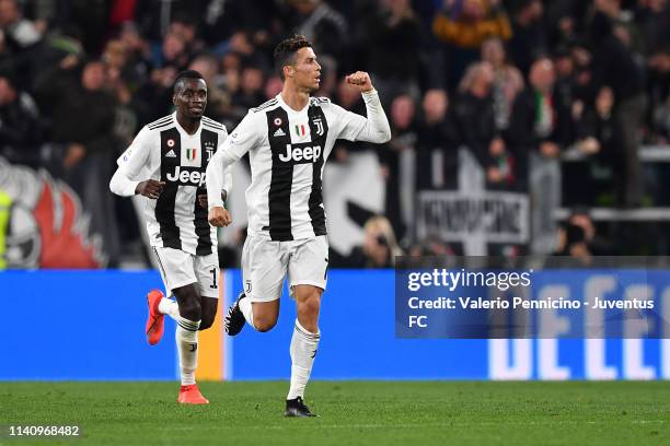 Cristiano Ronaldo of Juventus celebrates his goal of 1-1 with teammate Blaise Matuidi during the Serie A match between Juventus and Torino FC on May...