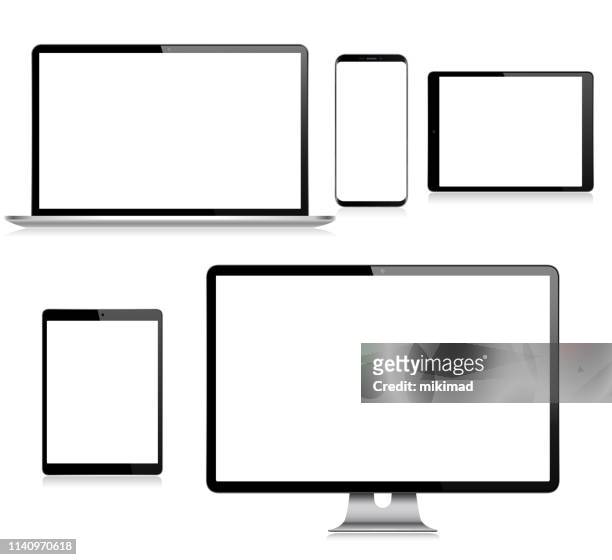 ilustraciones, imágenes clip art, dibujos animados e iconos de stock de realista vector digital tablet, teléfono móvil, teléfono inteligente, ordenador portátil y monitor de computadora. los dispositivos digitales modernos - computer