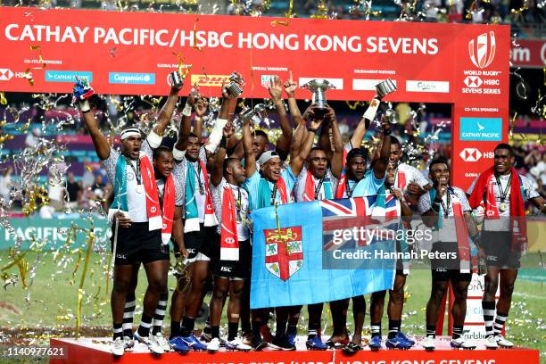 Fiji celebrate after winning the final against France on day three of the Cathay Pacific/HSBC Hong Kong Sevens at the Hong Kong Stadium on April 07,...