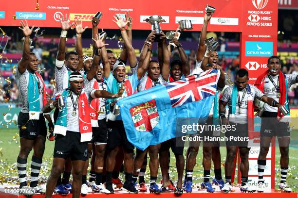 Fiji celebrate after winning the final against France on day three of the Cathay Pacific/HSBC Hong Kong Sevens at the Hong Kong Stadium on April 07,...