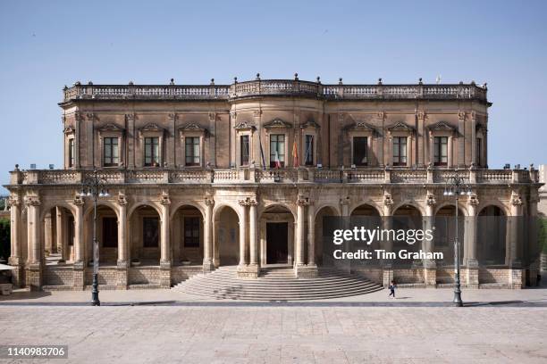 Front elevation of Palazzo Ducezio Municipio in Noto city, Sicily, Italy. "n"n