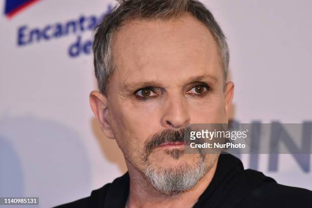 Miguel Bose talks during a press conference to launch the short film ' Sin Ti ' at St. Regis Hotel on May 03, 2019 in Mexico City, Mexico