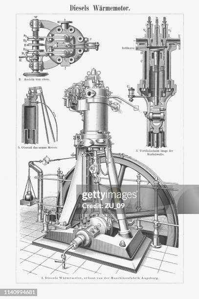 diesel-hitzmotor, holzstiche, erschienen 1898 - diesel piston stock-grafiken, -clipart, -cartoons und -symbole