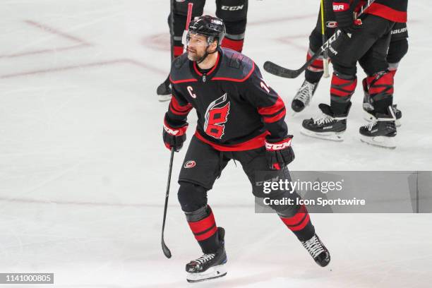 Carolina Hurricanes right wing Justin Williams celebrates scoring the game winning goal during a game between the Carolina Hurricanes and the New...