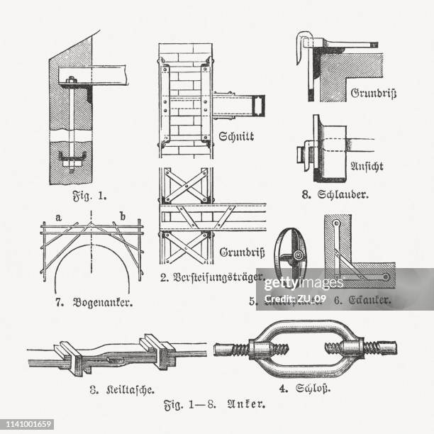 ilustraciones, imágenes clip art, dibujos animados e iconos de stock de anclajes de pared en la industria de la construcción, grabados en madera, publicados 1898 - screw fastener