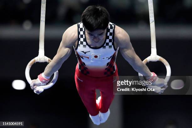 Kenzo Shirai of Japan competes in the Men's Rings during the FIG Artistic Gymnastics All-Around World Cup Tokyo at Musashino Forest Sport Plaza on...