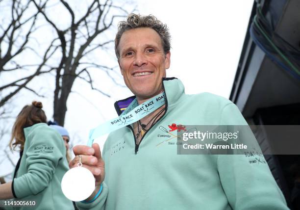 James Cracknell of Cambridge University Boat Club Blue Boat Crew celebrates after winning the Men's Boat Race during The Boat Race 2019 on April 07,...