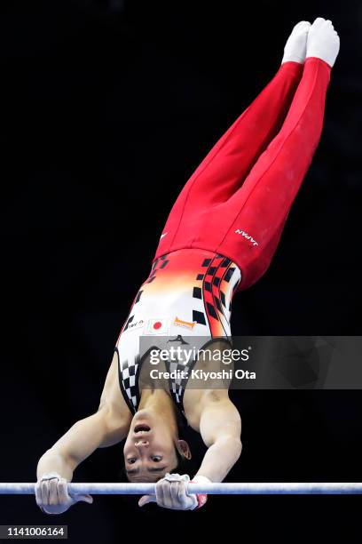 Kenzo Shirai of Japan competes in the Men's Horizontal Bar during the FIG Artistic Gymnastics All-Around World Cup Tokyo at Musashino Forest Sport...