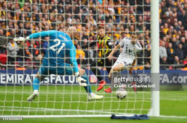 Gerard Deulofeu of Watford beats John Ruddy and Conor Coady of Wolverhampton Wanderers as he scores their third goal during the FA Cup Semi Final...