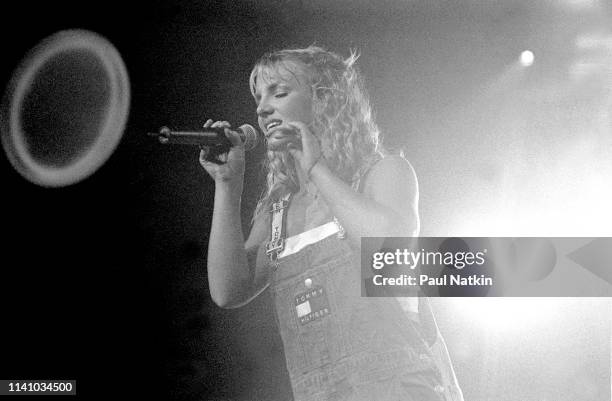 Singer Britney Spears performs on stage at the Rosemont Theater in Rosemont, Illinois, August 3, 1999.