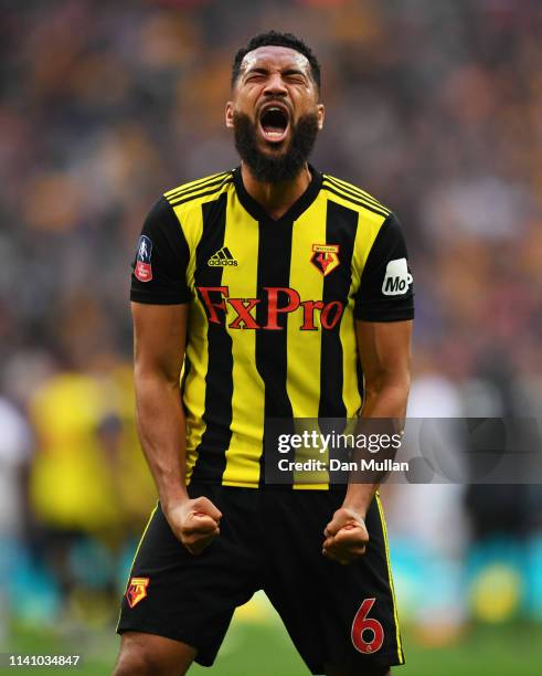 Adrian Mariappa of Watford celebrates victory after the FA Cup Semi Final match between Watford and Wolverhampton Wanderers at Wembley Stadium on...