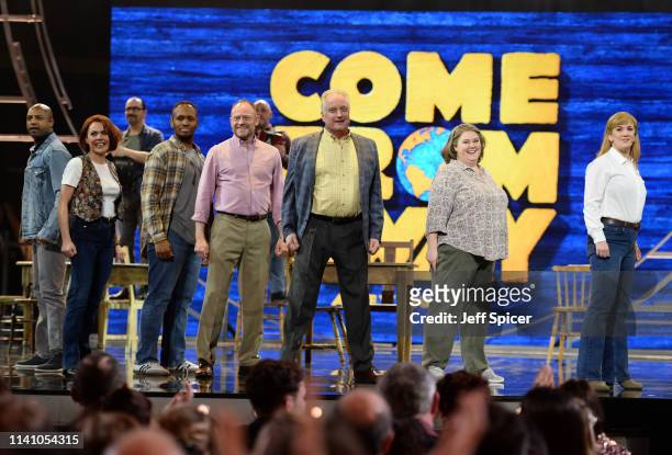 Cast perform songs from 'Come From Away' on stage during The Olivier Awards 2019 with Mastercard at the Royal Albert Hall on April 07, 2019 in...