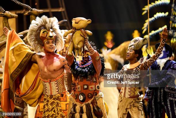 The cast of The Lion King perform on stage during The Olivier Awards 2019 with Mastercard at the Royal Albert Hall on April 07, 2019 in London,...