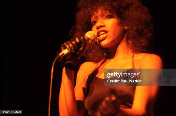 American R&B, Funk, and Soul singer Kathy Sledge, of the group Sister Sledge, performs onstage at the Aire Crown Theater, Chicago Illinois, July 1,...