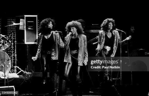 American R&B, Funk, and Soul group Sister Sledge perform onstage at the Park West, Chicago, Illinois, May 19, 1980. Pictured are, fore from left,...