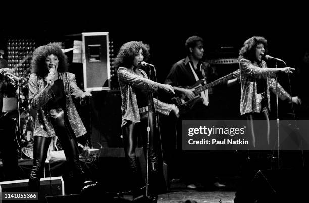 American R&B, Funk, and Soul group Sister Sledge perform onstage at the Park West, Chicago, Illinois, May 19, 1980. Pictured are, fore from left,...