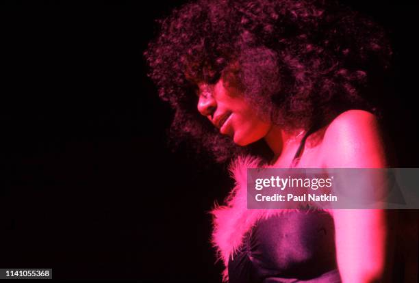 American R&B, Funk, and Soul singer Joni Sledge, of the group Sister Sledge, performs onstage at the Aire Crown Theater, Chicago Illinois, July 1,...