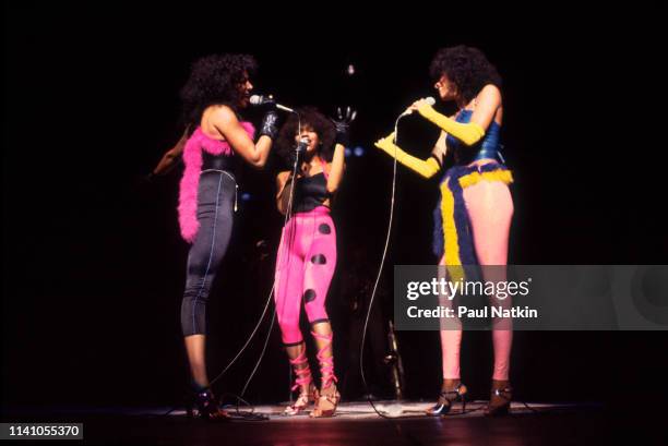 American R&B, Funk, and Soul group Sister Sledge perform onstage at the Aire Crown Theater, Chicago Illinois, July 1, 1979. Pictured are, from left,...