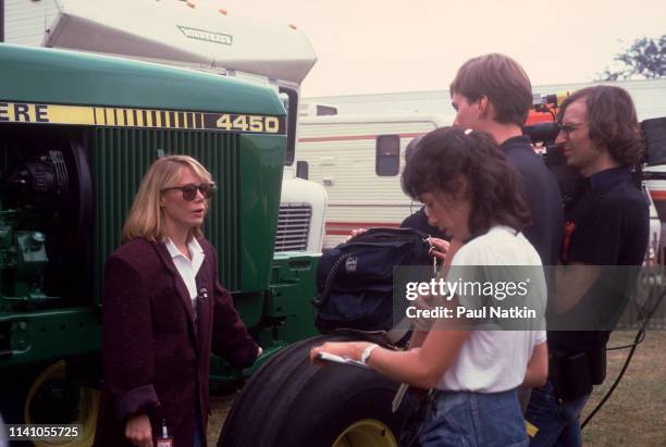 View of American actress Sissy Spacek as she is filmed speaking backstage during the inaugural Farm Aid benefit concert at Veteran's Stadium,...