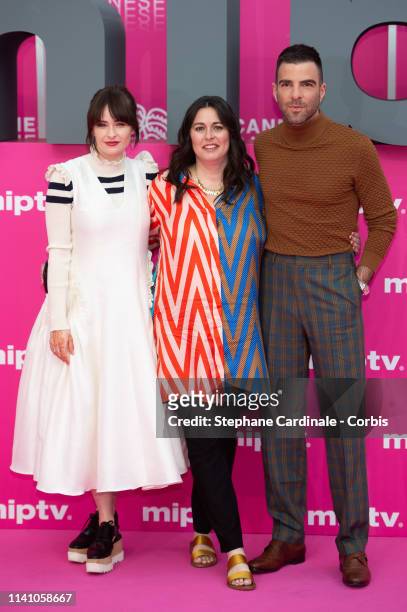 Australian actress Ashleigh Cummings , US Creator Jami O'Brien and US actor Zachary Quinto pose on the pink carpet during the 2nd Canneseries -...