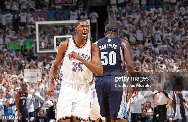 Kevin Durant of the Oklahoma City Thunder celebrates after a play against the Memphis Grizzlies in Game Five of the Western Conference Semifinals...