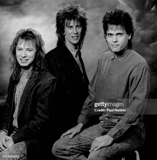 Portrait of American Rock and Power Pop group Shoes as they pose in a photo studio, Chicago, Illinois, January 17, 1990. Pictured are, from left,...