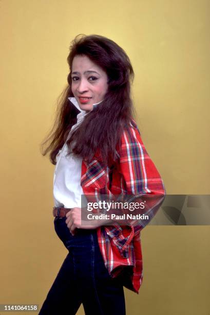 Portrait of American Rock singer Ronnie Spector as she poses against a yellow background during in a photo studio, Chicago, Illinois, April 28, 1981.