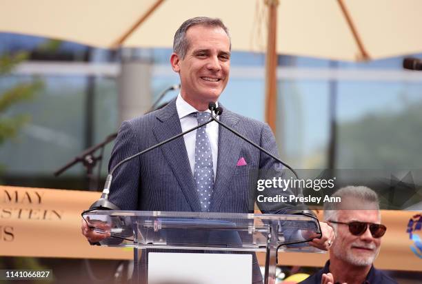 Mayor of Los Angeles Eric Garcetti speaks onstage at the grand opening of the Los Angeles LGBT Center's Anita May Rosenstein Campus on April 07, 2019...