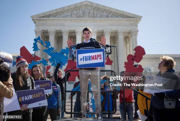Seventeen-year-old Josh Lafair speaks during a rally at the Supreme Court during the gerrymandering cases Lamone v. Benisek and Rucho v. Common...