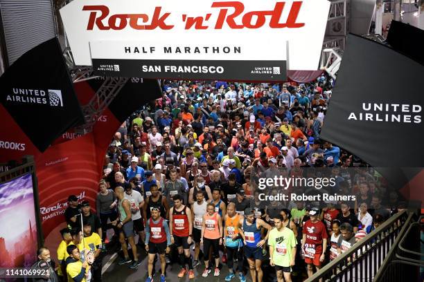 Participants wait for the start of the United Airlines Rock 'N' Roll Half Marathon San Francisco on April 07, 2019 in San Francisco, California.