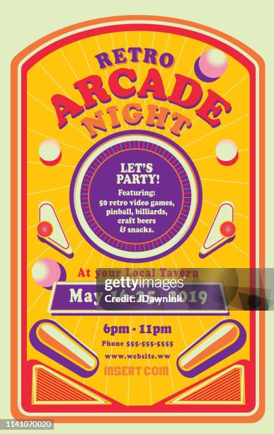 retro arcade night oder gaming poster-einladung design-vorlage - pinball stock-grafiken, -clipart, -cartoons und -symbole