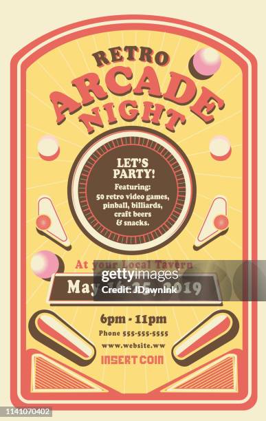 retro arcade night oder gaming poster-einladung design-vorlage - pinball stock-grafiken, -clipart, -cartoons und -symbole