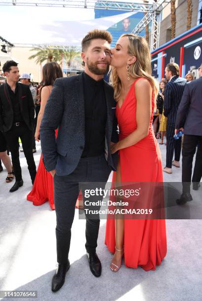 Lauren Bushnell and Chris Lane attend the 54th Academy Of Country Music Awards at MGM Grand Hotel & Casino on April 07, 2019 in Las Vegas, Nevada.