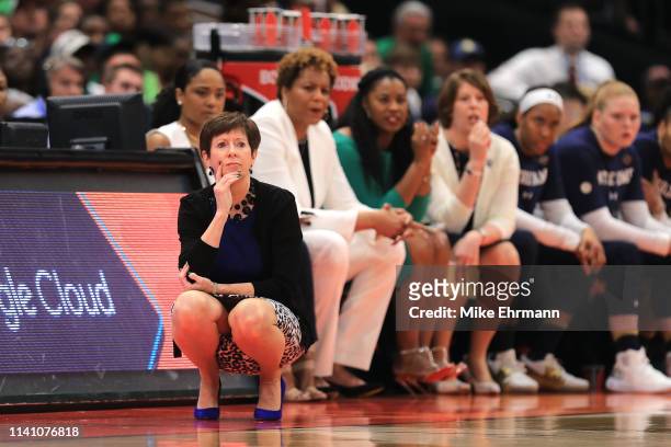 Head coach Muffet McGraw of the Notre Dame Fighting Irish looks on against the Baylor Lady Bears during the first quarter in the championship game of...