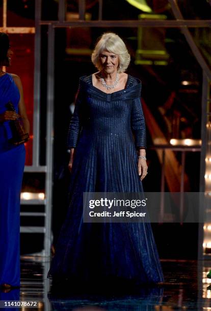 Camilla, Duchess of Cornwall on stage during The Olivier Awards 2019 with Mastercard at the Royal Albert Hall on April 07, 2019 in London, England.